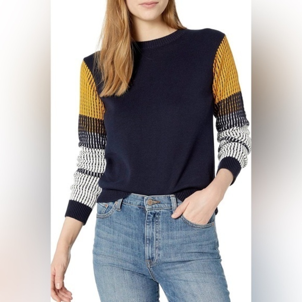 Cable Stitch Crew Neck Pullover Knit Sweater - Womens Size Large - Navy Yellow